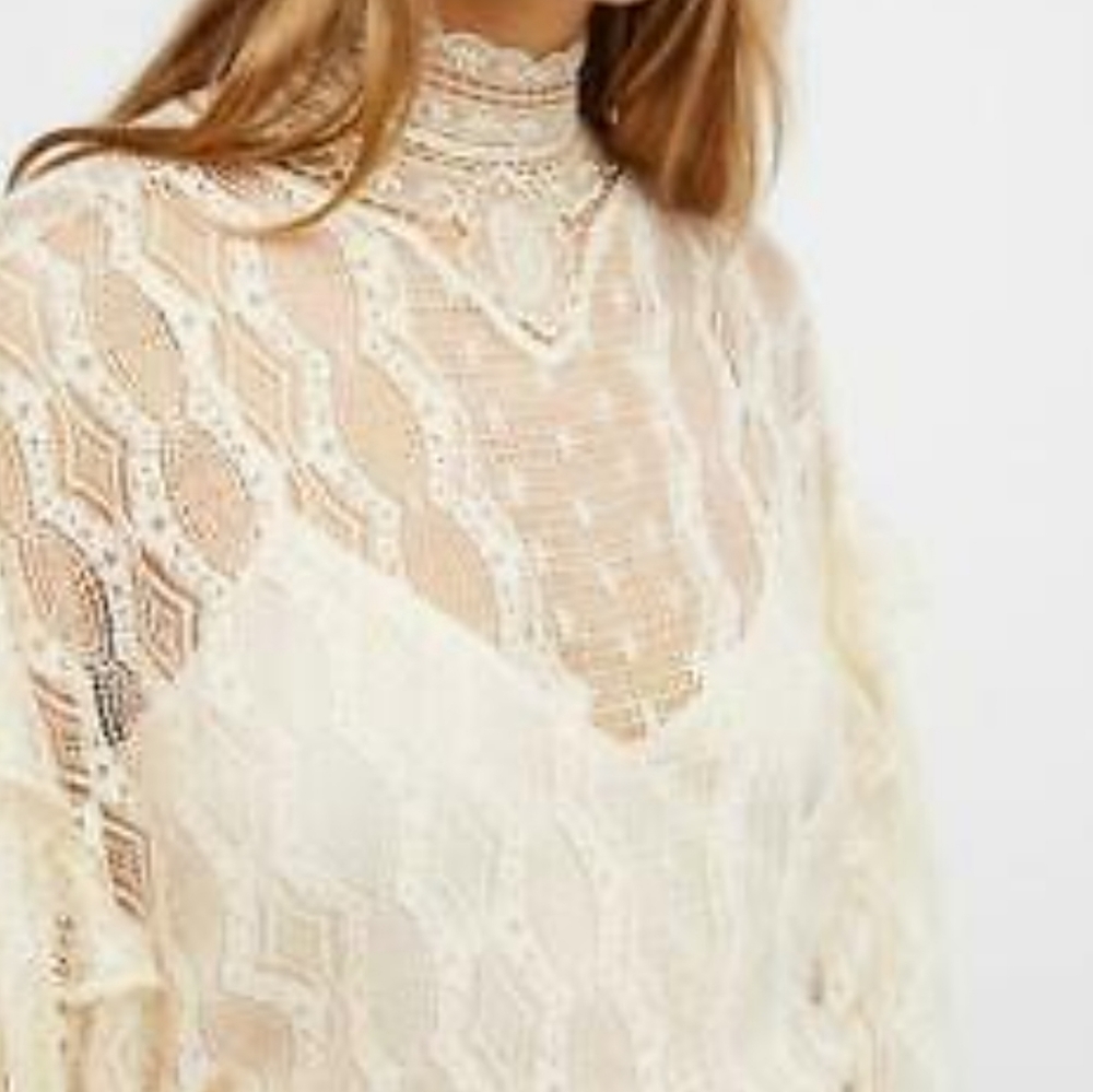Free People Womens Cream Bittersweet High Mock Neck Lace Mini Dress Boho